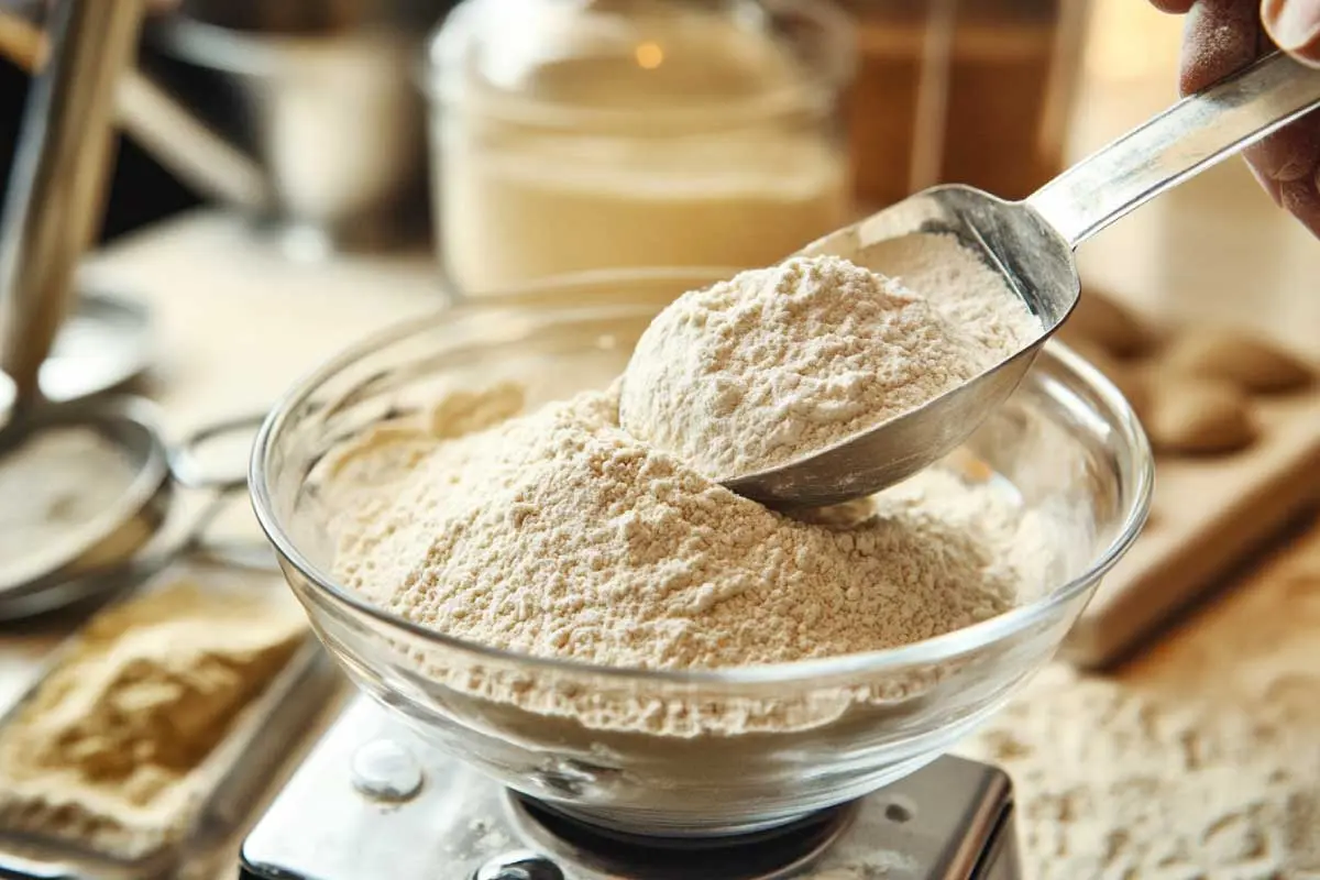 scooping-bread-flour Best flour for sourdough baking. A scoop of bread flour being added to a bowl on a kitchen scale.