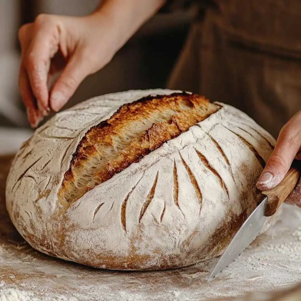 A proofed sourdough loaf on a floured surface, with a baker's hands preparing to score the dough using a lame.