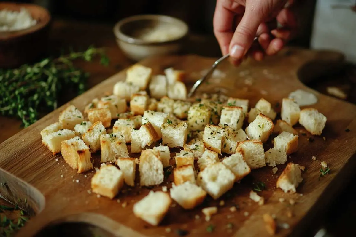 seasoned-sourdough-croutons Seasoned sourdough bread cubes tossed in olive oil and garlic.