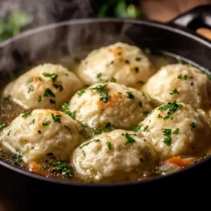 A bowl of chicken soup with fluffy sourdough discard dumplings floating on top, garnished with parsley.