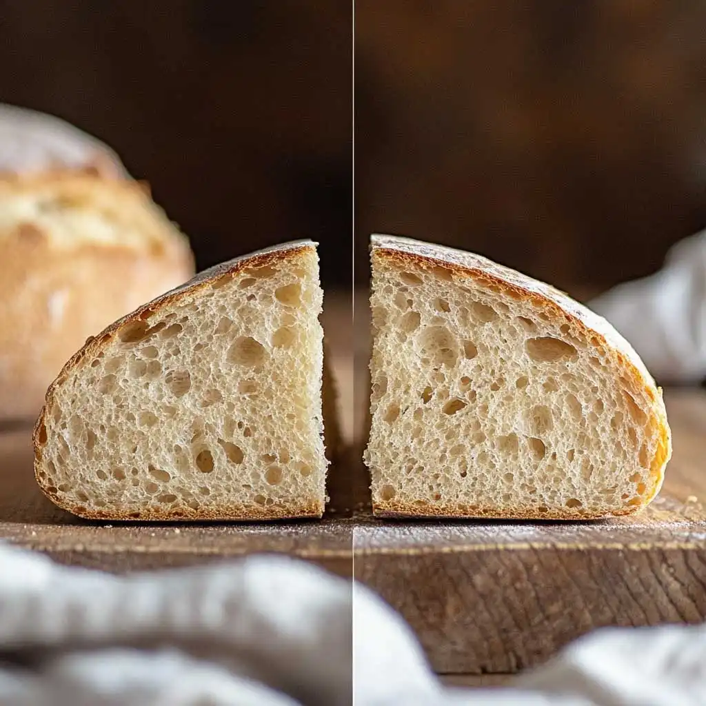 A sliced sourdough loaf showing its golden crust and airy crumb.