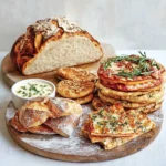 sourdough-loaf-pancakes-crackers-pizza Sourdough discard pancakes with maple syrup and fresh berries.