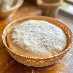 Overhead view of sourdough dough during bulk fermentation in a glass bowl.