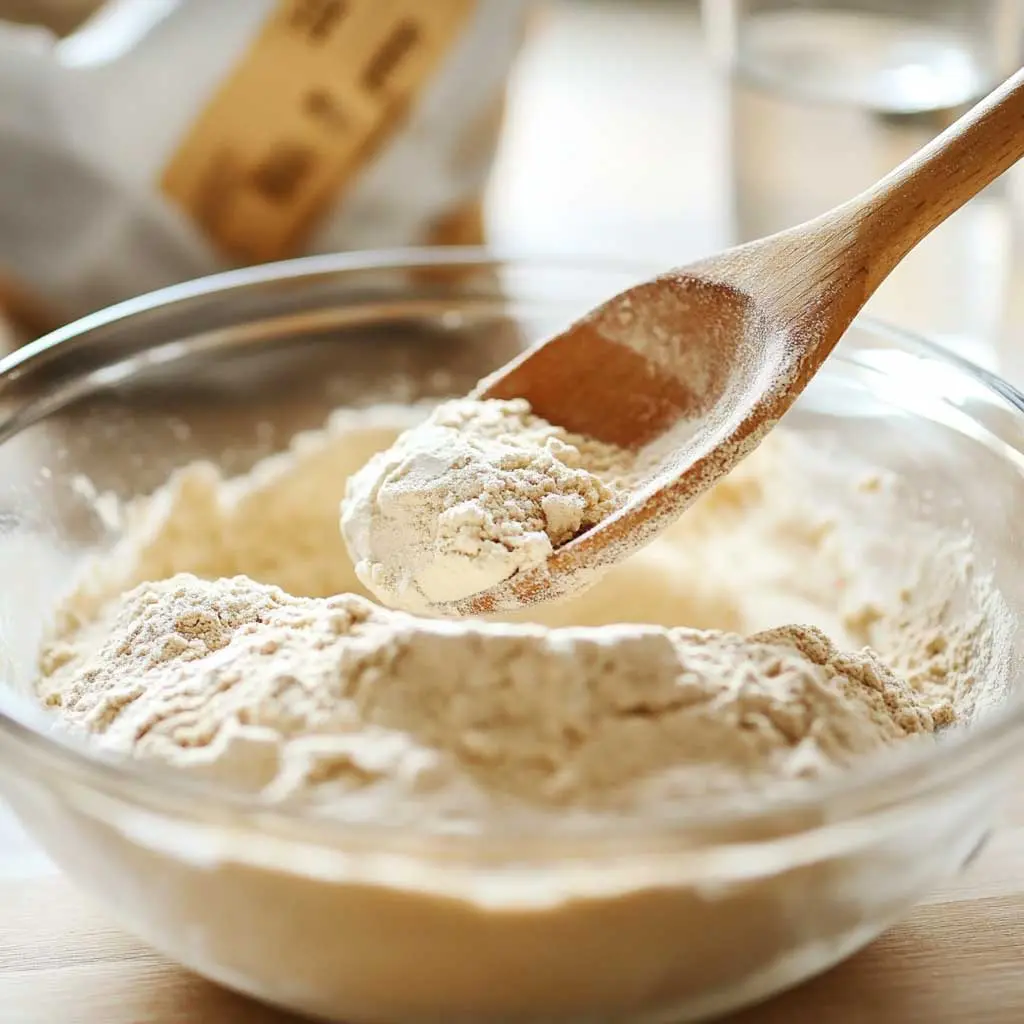 A glass jar of sourdough starter with visible bubbles on a kitchen counter.