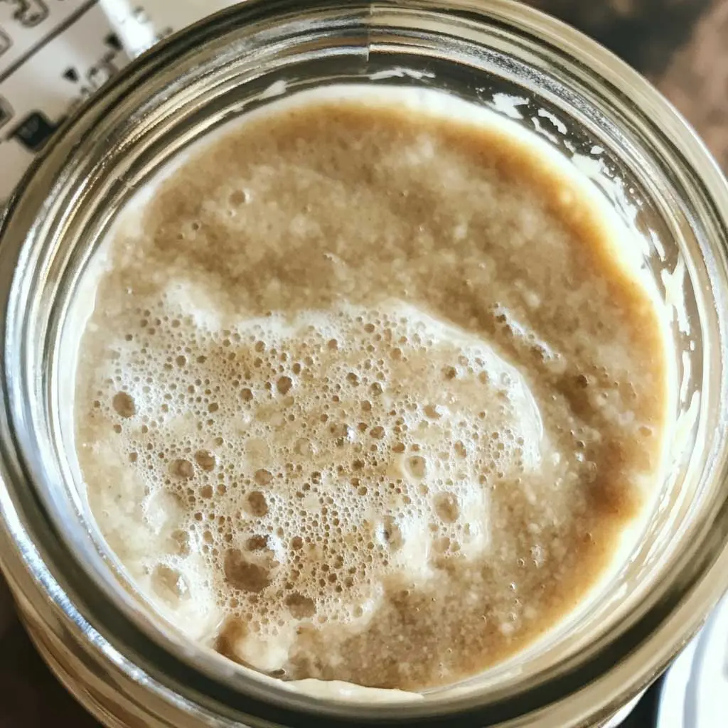 A glass jar of bubbly sourdough starter surrounded by flour and water in a cozy kitchen.