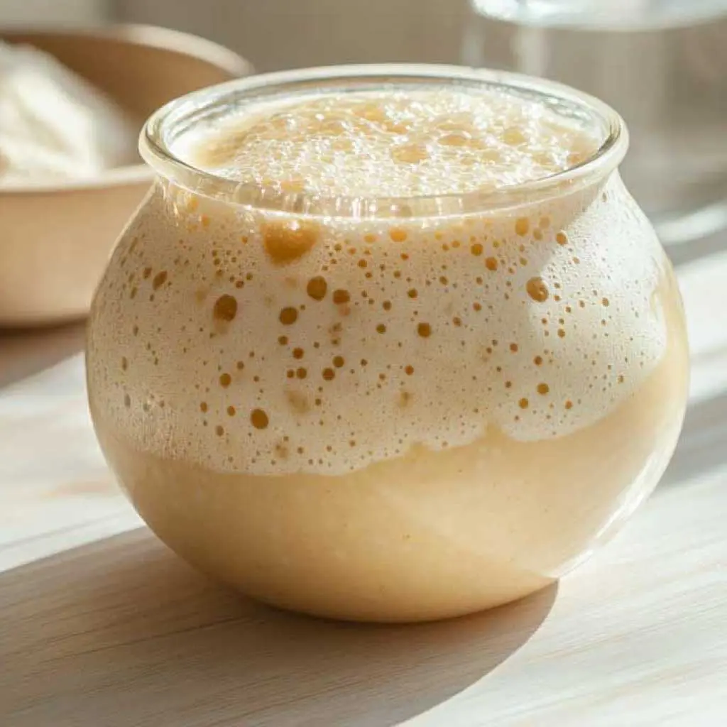 A glass jar of bubbly, active sourdough starter on a wooden countertop with flour and water in the background.