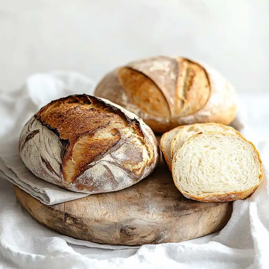 A rustic sourdough loaf next to a sliced, fluffy sandwich bread on a wooden board.