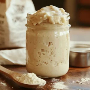 A glass jar containing an active sourdough starter on a kitchen counter, illustrating a storage method.