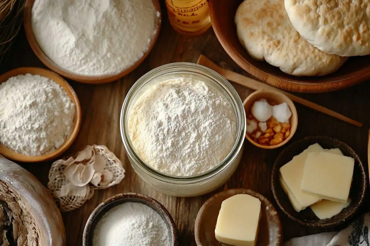 vegan-vs-nonvegan-ingredients A jar of sourdough starter with bowls of flour, salt, and non-vegan ingredients like butter, honey, and eggs. Is Sourdough Bread Vegan