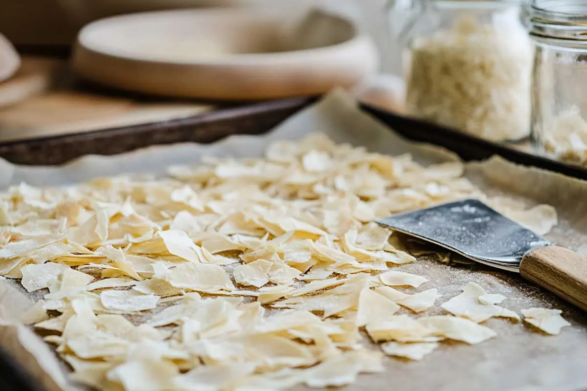 dried-discard-storage Dried gluten-free sourdough discard flakes on parchment paper.
