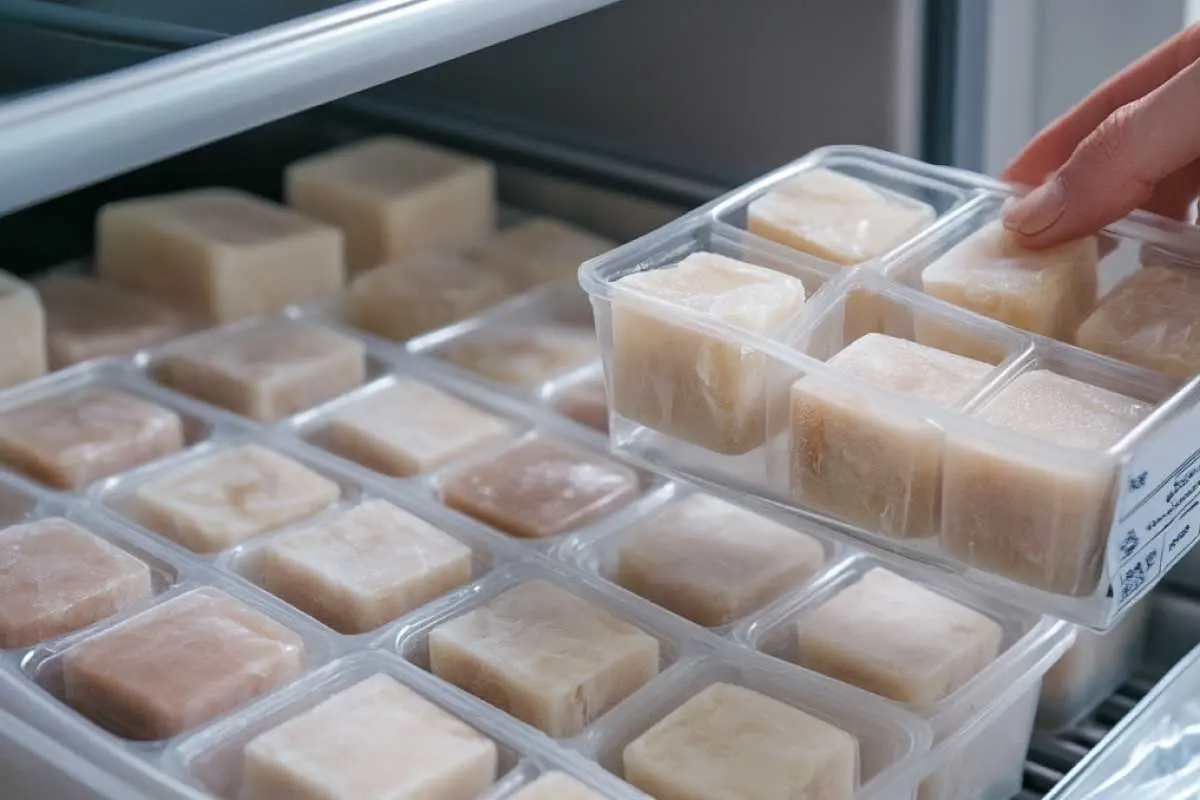 freezing-discard-portions Ice cube trays filled with gluten-free sourdough discard for freezing.