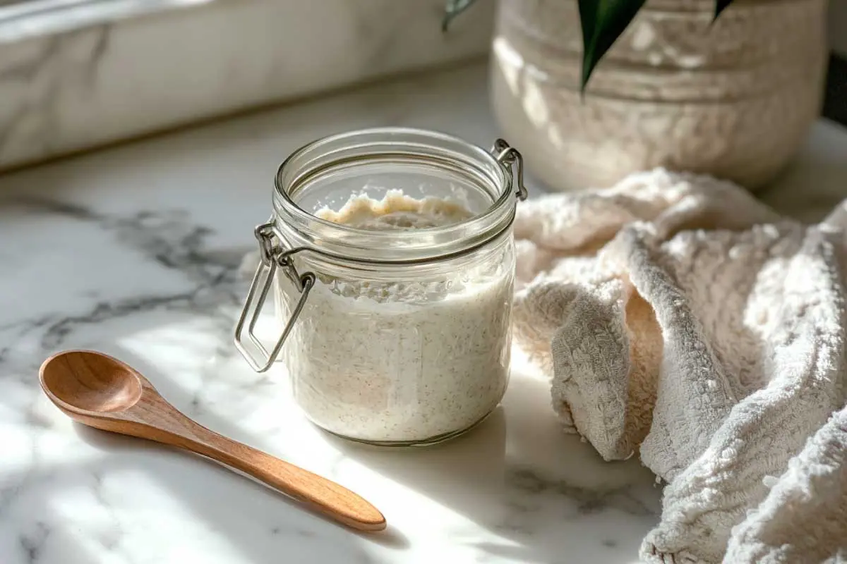 gluten-free-discard-storage-1 A glass jar of gluten-free sourdough starter discard on a kitchen counter.