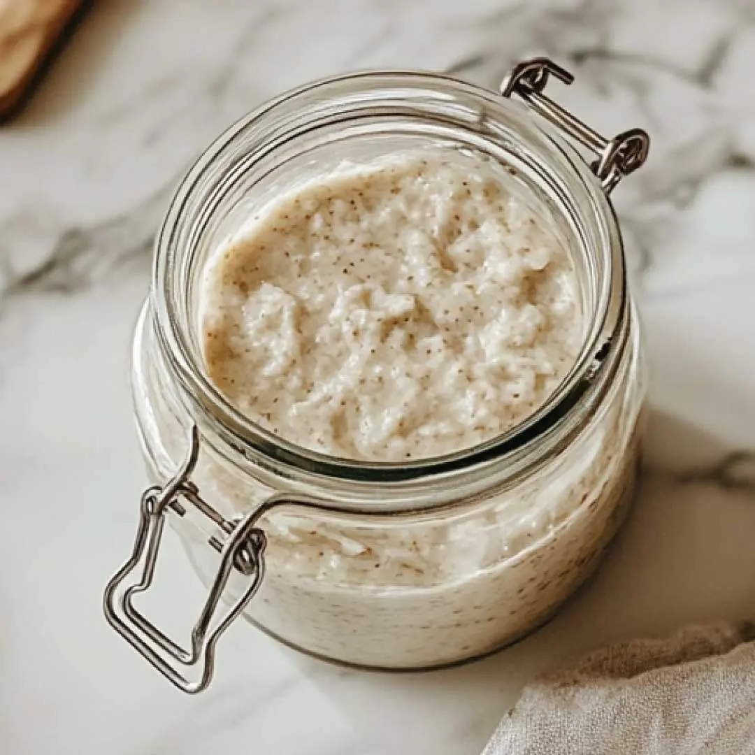 A glass jar of gluten-free sourdough starter discard on a kitchen counter.