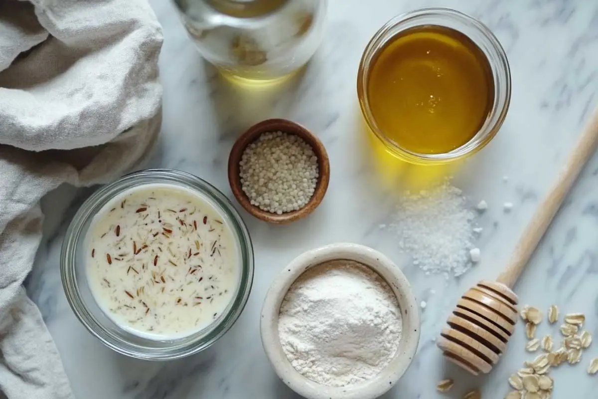 gluten-free-sourdough-ingredients Ingredients for making gluten-free sourdough, including brown rice flour, sorghum flour, and a gluten-free starter.