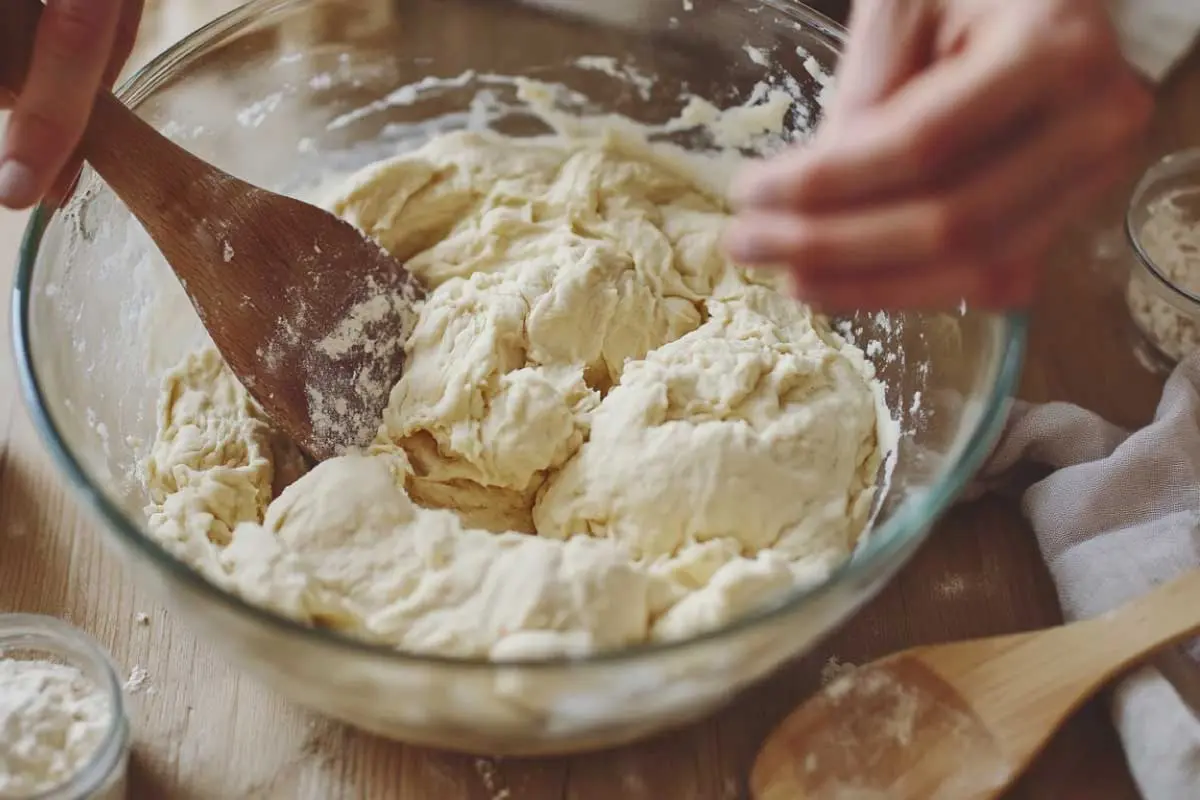 mixing-gluten-free-dough Baker mixing gluten-free sourdough dough in a glass bowl.