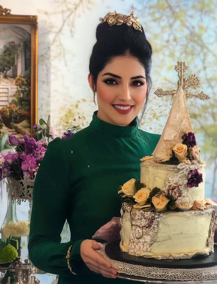 Olivia Baker wearing a green apron, smiling next to an elegantly decorated cake.