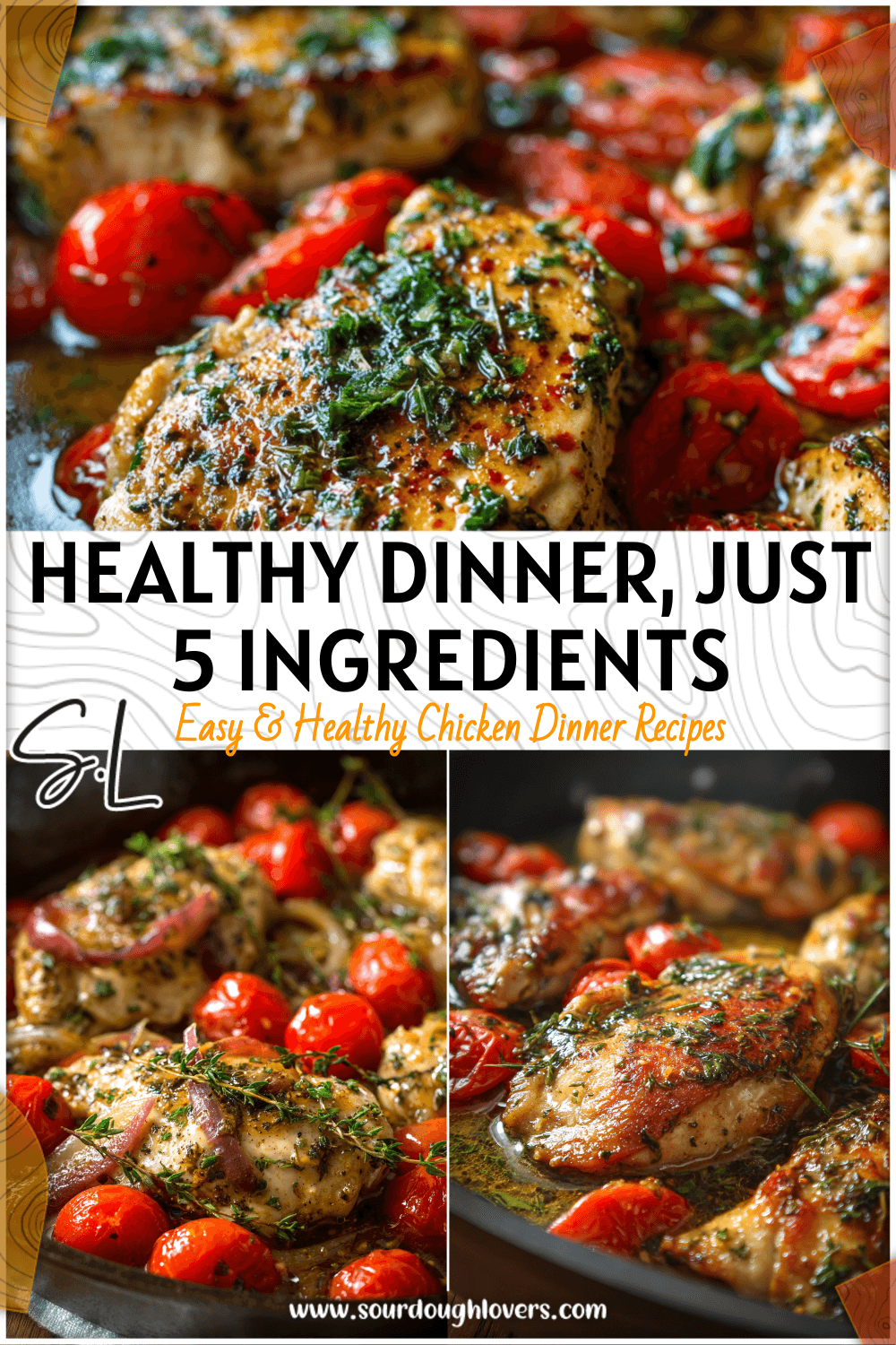 Close-up of a skillet with chicken, tomatoes, and herbs for an easy dinner with 5 ingredients. 2