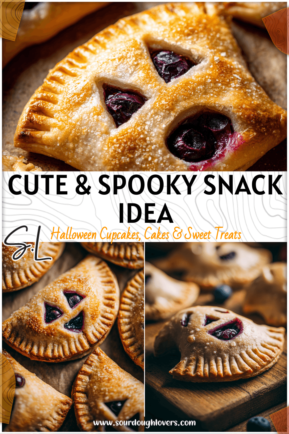 Closeup of vegan ghost hand pies with blueberry filling peeking through cutouts 2