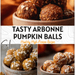 Small pumpkin protein balls sprinkled with oats and displayed in a rustic fall bowl 2