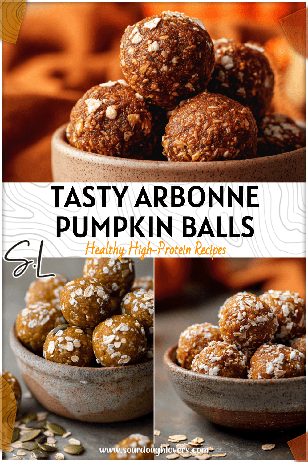 Small pumpkin protein balls sprinkled with oats and displayed in a rustic fall bowl 2