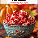 Bloody Red Velvet Popcorn for Halloween Nights 4 Red velvet coated popcorn in a festive bowl with Halloween Snacks Popcorn style decorations. 2