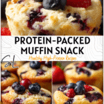 Blueberry Cottage Cheese Muffins: High Protein Dessert or Snack 4 Close-up of blueberry cottage cheese muffins topped with fresh berries for a high protein sweet snack. 2