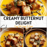 Butternut Soup with Croutons and Toasted Seeds 4 Creamy bowl of butternut soup topped with toasted squash seeds and rustic croutons. 2