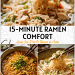 Quick canned chicken ramen noodles served with green onions and broth in a bowl. 2