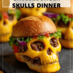 Cheeseburger Skulls for a Spooky Halloween Dinner 4 Cheeseburger skulls made with ground beef and cheese baked in a skull pan for a spooky Halloween dinner. 2