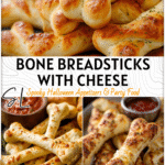 Cheesy Bone Breadsticks with Dip 4 Bone-shaped breadsticks on a platter with melted cheese beside dipping sauce for Halloween Dips For Parties. 2