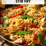 Chicken Ramen Stir Fry in 30 Minutes 4 A skillet filled with colorful chicken ramen stir fry mixed with veggies and noodles for a quick weeknight meal. 2