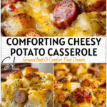 Casserole dish layered with cubes of cheesy ranch potatoes and smoked sausage topped with melted cheese 2