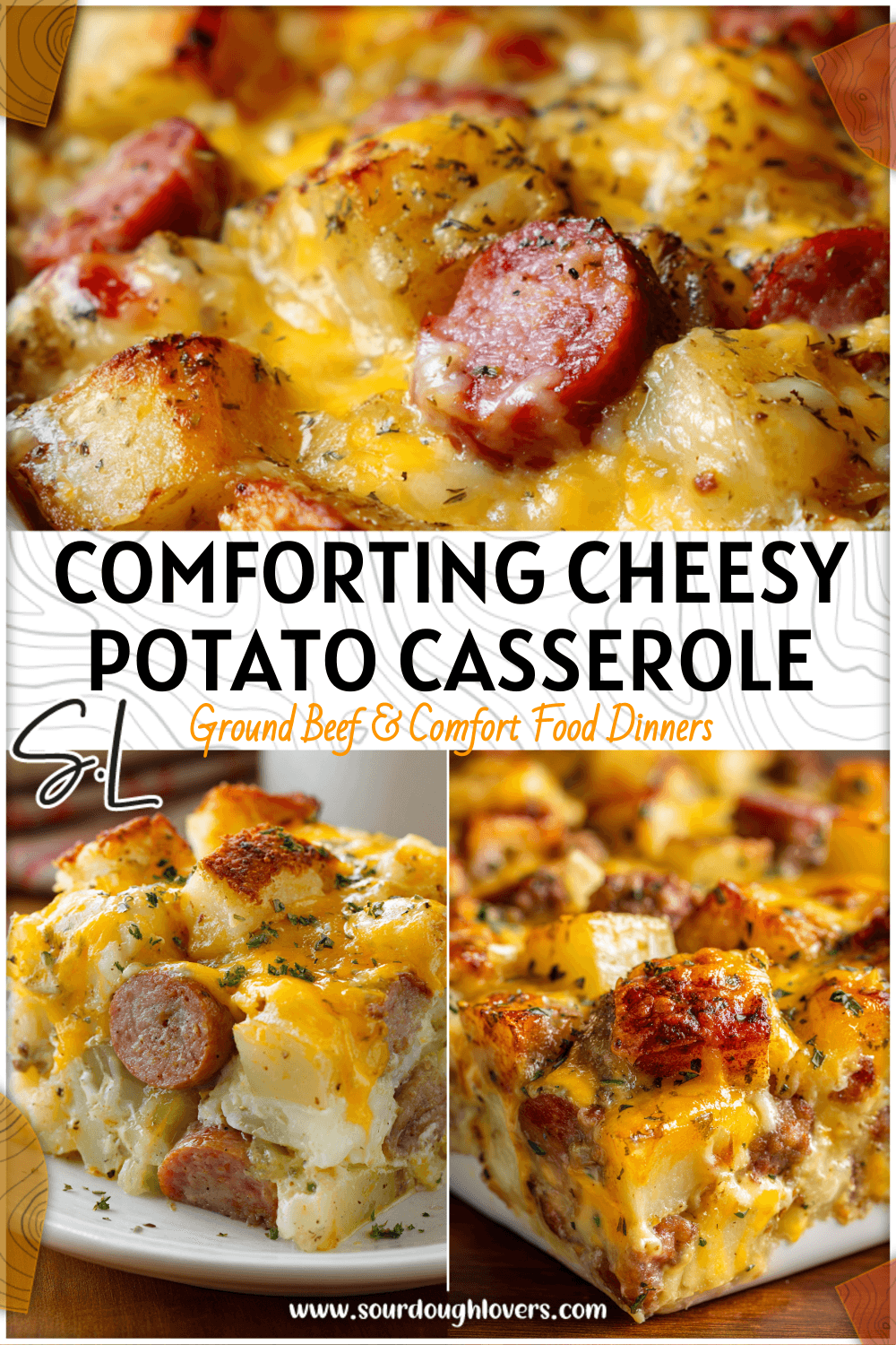 Casserole dish layered with cubes of cheesy ranch potatoes and smoked sausage topped with melted cheese 2