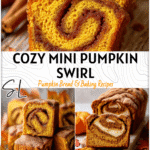 Cozy Fall Baking: Mini Pumpkin Swirl Bread 4 Mini pumpkin swirl bread loaves stacked with cinnamon sugar topping and autumn leaves beside them. 2