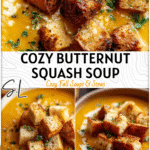 Bowl of roasted butternut squash soup topped with golden croutons and fresh herbs. 2