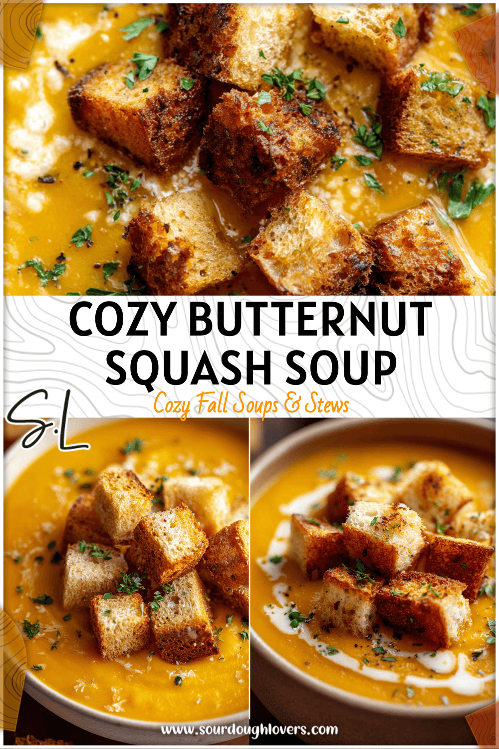 Bowl of roasted butternut squash soup topped with golden croutons and fresh herbs. 2