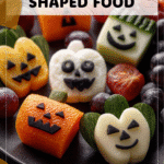 Creative Halloween Shaped Food for Kids 4 Plate of Halloween shaped food like pumpkin cookies and bat cutouts on a snack platter 2