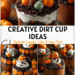 Creative Kids Halloween Dirt Cup Recipes 4 Halloween pumpkin patch dirt cups filled with chocolate pudding, crumbs, and candy pumpkins for kids parties. 2