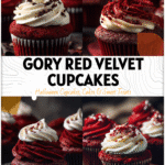 Dramatic Red Velvet Halloween Cupcakes 4 Red velvet Halloween cupcakes sliced to show gory filling with creamy white frosting. 2