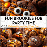 Easy Brookie Ideas for Fall & Halloween Parties 4 Plate of Halloween brookies shaped like brownies with candy eyes and orange drizzle 2