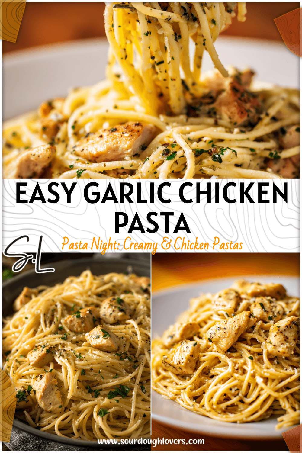 Plate of garlic pasta with chicken and herbs styled as Easy Dinner Recipes For First Time Cooks or family meals 2