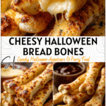 Easy Halloween Bread: Cheesy Bone Sticks 4 Cheesy Halloween Bread bone-shaped sticks laid beside a spooky dip as Easy Halloween Themed Food. 2