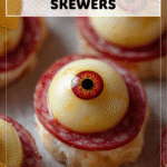 Easy Scary Eyeballs with Cheese and Salami 4 Cheese and salami eyeballs arranged on cocktail skewers as fun Halloween Skewers Ideas 2