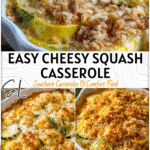 A baked squash casserole topped with melted cheese and golden breadcrumbs in a rustic white dish 2