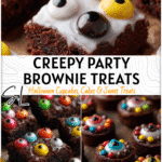 Eyeball Brownies: Creepy Desserts For Halloween Parties 4 Close-up of iced brownies decorated with candy eyeballs as creepy desserts for Halloween. 2