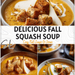Fall Soup Recipes: Roasted Squash Soup with Pear & Croutons 4 Bowl of roasted squash soup accented with sliced pear and crunchy croutons on a wooden table. 2