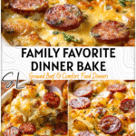 Family Favorite: Cheesy Ranch Potatoes & Smoked Sausage 4 Family style casserole dish filled with cheesy ranch potatoes and smoked sausage slices golden and bubbly 2
