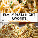 Family-Friendly Creamy Garlic Parmesan Pasta 4 Creamy garlic parmesan chicken pasta on a white plate styled for Easy Dinner Meals For Family 2