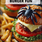 Fast & Fun Halloween Spider Burger with Fries 4 Close-up Halloween burger decorated like a spider with fries on the side. 2