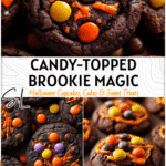 Festive Halloween Brownie Cookies with Candy Toppings 4 Chocolate brownie cookies decorated with orange icing and small Halloween candies 2